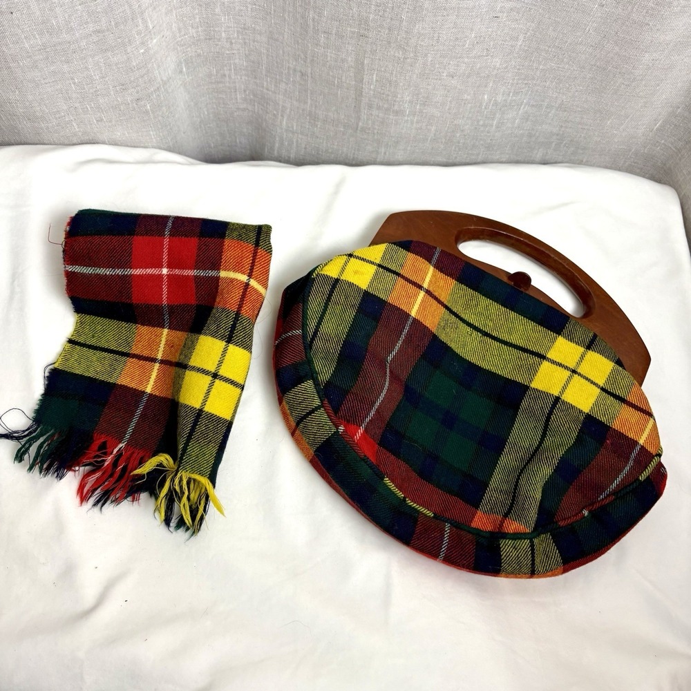 Vintage 40's 50's Plaid Wool Handbag Purse Matching Scarf‎ Red Yellow Green